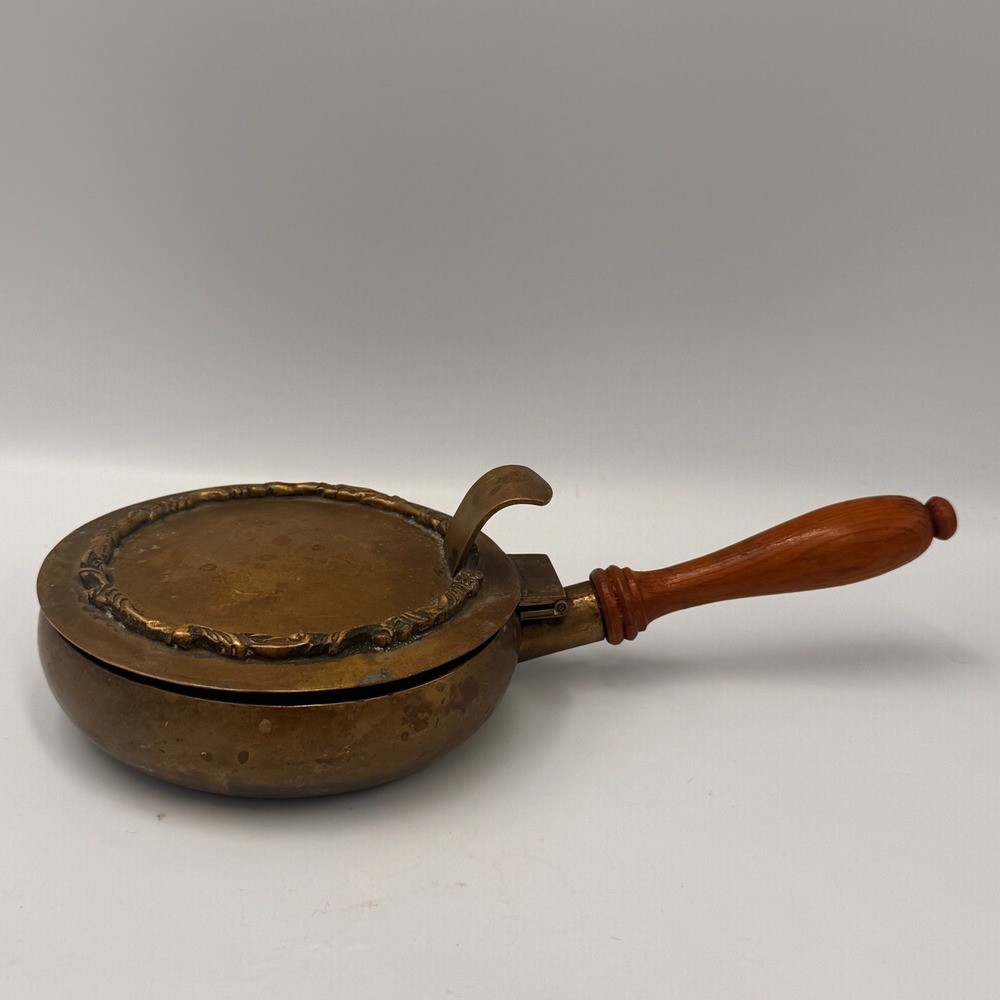 Vintage Brass Silent Butler Crumb Catcher Hinged Lid Turned Wood Handle Patina